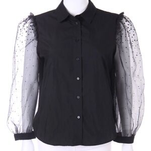 Zara Black Button-up Blouse with Sheer Polkadots Sleeves